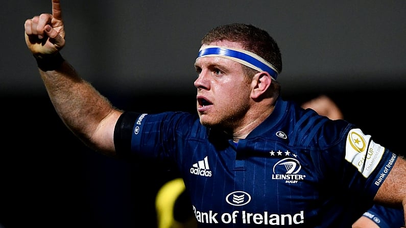 12 October 2018; Sean Cronin of Leinster celebrates after scoring his side's first try during the Heineken Champions Cup Pool 1 Round 1 match between Leinster and Wasps at the RDS Arena in Dublin. Photo by Ramsey Cardy/Sportsfile