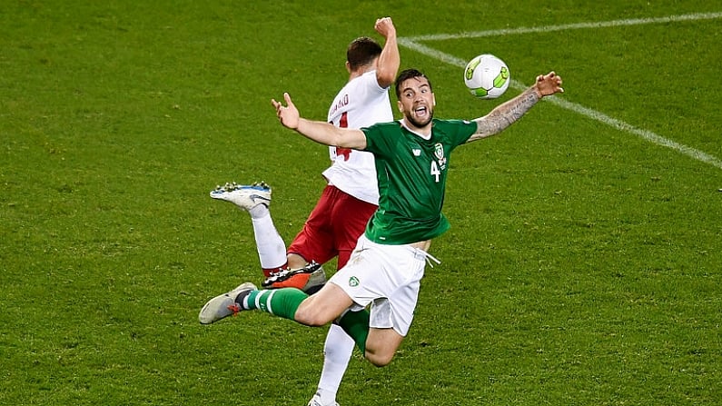 13 October 2018; Shane Duffy of Republic of Ireland goes down under the challenge of Henrik Dalsgaard of Denmark during the UEFA Nations League B group four match between Republic of Ireland and Denmark at the Aviva Stadium in Dublin. Photo by Sam Barnes/Sportsfile