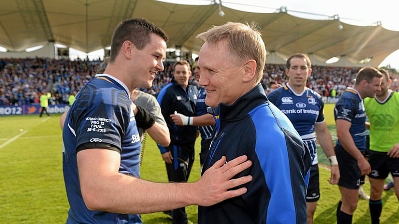 25 May 2013; Leinster head coach Joe Schmidt with Jonathan Sexton following their side's victory. Celtic League Grand Final, Ulster v Leinster, RDS, Ballsbridge, Dublin. Picture credit: Stephen McCarthy / SPORTSFILE