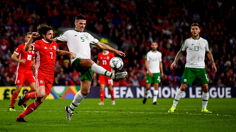 6 September 2018; Ciaran Clark of Republic of Ireland in action against Joe Allen of Wales during the UEFA Nations League match between Wales and Republic of Ireland at the Cardiff City Stadium in Cardiff, Wales. Photo by Stephen McCarthy/Sportsfile