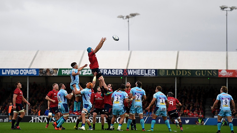 13 October 2018; Tadhg Beirne of Munster wins a lineout during the Heineken Champions Cup Pool 2 Round 1 match between Exeter Chiefs and Munster at Sandy Park in Exeter, England. Photo by Brendan Moran/Sportsfile