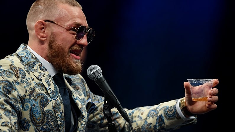 26 August 2017; Conor McGregor during the post fight press conference following his super welterweight boxing match against Floyd Mayweather Jr at T-Mobile Arena in Las Vegas, USA. Photo by Stephen McCarthy/Sportsfile