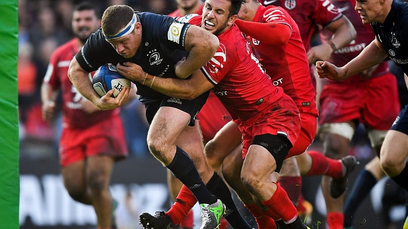 21 October 2018; Sean Cronin of Leinster goes over to score his side's third try despite the efforts of Zack Holmes of Toulouse during the Heineken Champions Cup Pool 1 Round 2 match between Toulouse and Leinster at Stade Ernest Wallon, in Toulouse, France. Photo by Brendan Moran/Sportsfile