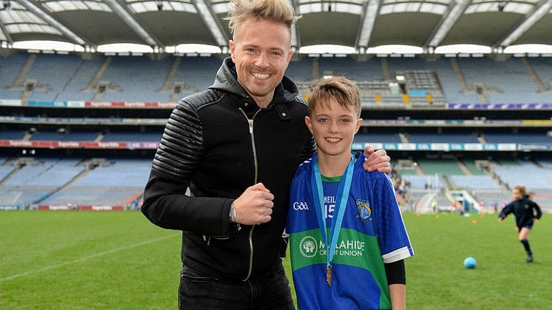 23 October 2018; Westlife member Nicky Byrne with his son Rocco Byrne from St. Oliver Plunkett NS, Malahide, Co Dublin, during day 2 of the Allianz Cumann na mBunscol Finals at Croke Park in Dublin. Photo by Harry Murphy/Sportsfile