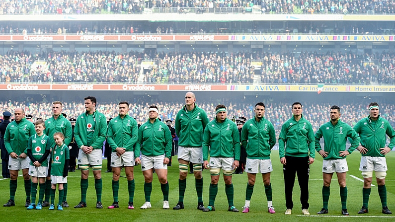 24 February 2018; Ireland players during the national anthems prior to the NatWest Six Nations Rugby Championship match between Ireland and Wales at the Aviva Stadium in Lansdowne Road, Dublin. Photo by David Fitzgerald/Sportsfile