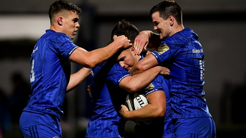 22 September 2018; Jordan Larmour of Leinster celebrates  with team mates Jonathan Sexton, right, Garry Ringrose, left, and Luke McGrath after scoring his side's third try during the Guinness PRO14 Round 4 match between Leinster and Edinburgh at the RDS Arena in Dublin. Photo by David Fitzgerald/Sportsfile