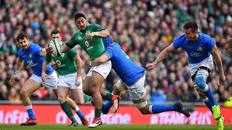 10 February 2018; Bundee Aki of Ireland is tackled by Dean Budd of Italy during the Six Nations Rugby Championship match between Ireland and Italy at the Aviva Stadium in Dublin. Photo by Brendan Moran/Sportsfile