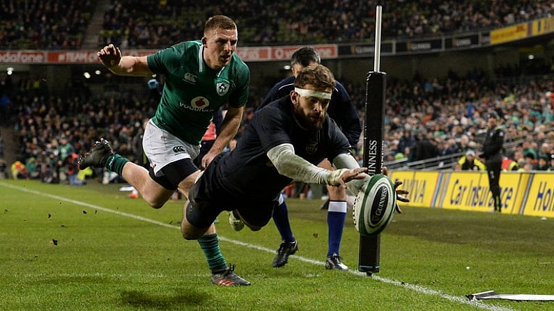 25 November 2017; Ramiro Moyano of Argentina scores his side's third try despite the efforts of Andrew Conway of Ireland during the Guinness Series International match between Ireland and Argentina at the Aviva Stadium in Dublin. Photo by Piaras O Midheach/Sportsfile