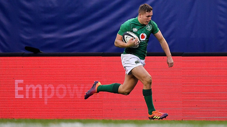 3 November 2018; Jordan Larmour of Ireland on the way to scoring his side's 8th try during the International Rugby match between Ireland and Italy at Soldier Field in Chicago, USA. Photo by Brendan Moran/Sportsfile