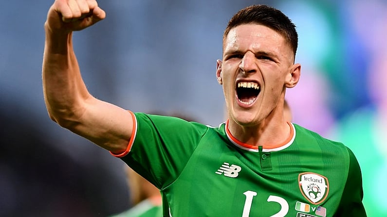 2 June 2018; Declan Rice of Republic of Ireland celebrates his side's first goal scored by Graham Burke during the International Friendly match between Republic of Ireland and the United States at the Aviva Stadium in Dublin.Photo by Seb Daly/Sportsfile