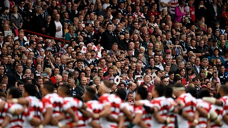 23 September 2015; The Japan team during the National Anthem. 2015 Rugby World Cup, Pool B, Scotland v Japan. Kingsholm Stadium, Gloucester, England. Picture credit: Ramsey Cardy / SPORTSFILE