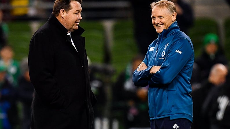 17 November 2018; New Zealand head coach Steve Hansen, left, and Ireland head coach Joe Schmidt ahead of the Guinness Series International match between Ireland and New Zealand at the Aviva Stadium in Dublin. Photo by Ramsey Cardy/Sportsfile