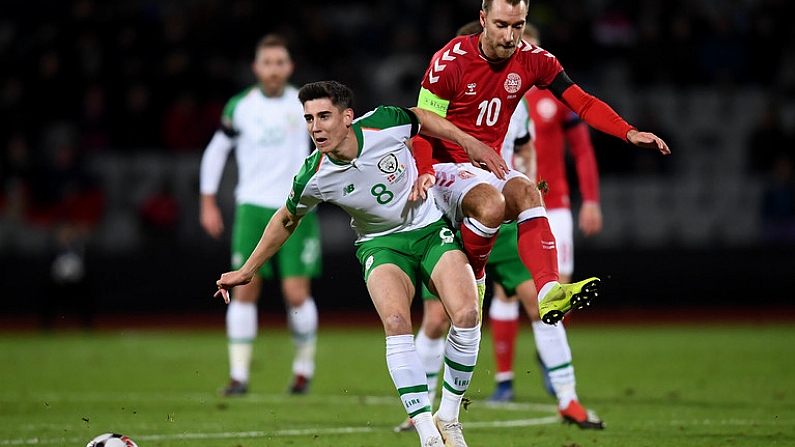 19 November 2018; Callum O'Dowda of Republic of Ireland in action against Christian Eriksen of Denmark during the UEFA Nations League B match between Denmark and Republic of Ireland at Ceres Park in Aarhus, Denmark. Photo by Stephen McCarthy/Sportsfile