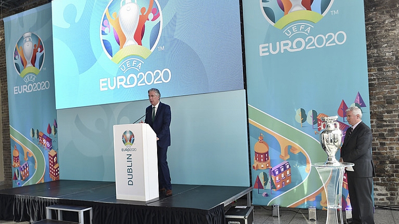 24 November 2016; FAI Chief Executive John Delaney speaking at the launch of the UEFA EURO 2020 Host City Logo Launch  Dublin at CHQ Building in North Wall Quay, Dublin. Photo by David Maher/Sportsfile