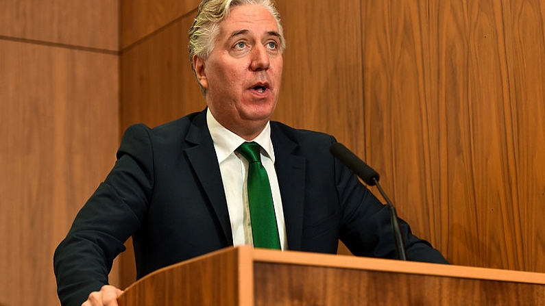 22 October 2018; The Football Association of Ireland have teamed up with Brendan & Jenny O'Carroll from Mrs. Brown's Boys, to provide cardiac screening to all children and adolescents from the National League squads. At grassroots level, the initiative will train all coaches around the country in the use of defibrillators, CPR and basic life support. This training is accredited by the Irish Heart Foundation. The FAI began cardiac screening of the Republic of Ireland Under-15 players in 2007 and then extended that to cover domestic league players the following year. This initiative will involve the screening of players in the U-13, U-15, U-17 & U-19 tiers, as well as the U-17s in the Women's National League. Pictured speaking at the launch is FAI Chief Executive John Delaney, at the FAI National Training Centre in Abbotstown, Dublin. Photo by Seb Daly/Sportsfile