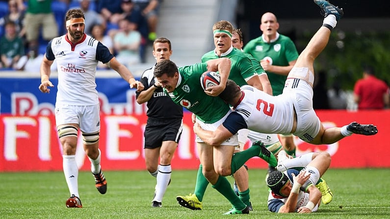 10 June 2017; Jacob Stockdale of Ireland is tackled by Peter Malcolm of USA during the international match between Ireland and USA at the Red Bull Arena in Harrison, New Jersey, USA. Photo by Ramsey Cardy/Sportsfile