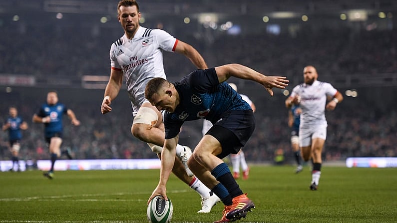 24 November 2018; Andrew Conway of Ireland scores his side's first try during the Guinness Series International match between Ireland and USA at the Aviva Stadium in Dublin. Photo by Brendan Moran/Sportsfile