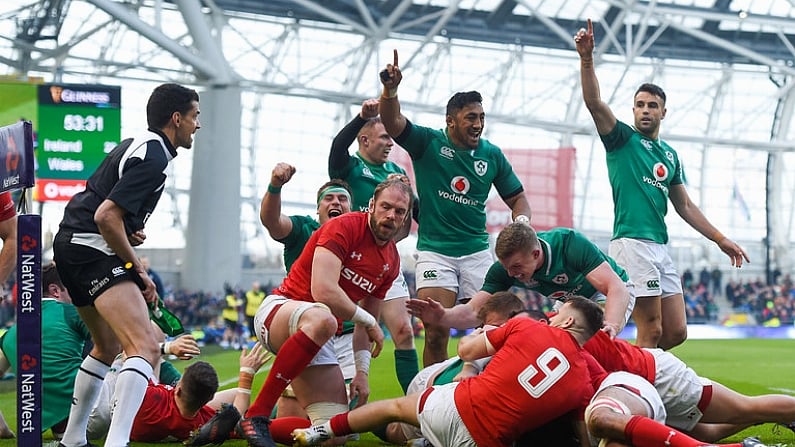 24 February 2018; Ireland players, from left, CJ Stander, Keith Earls, Bundee Aki, Conor Murray and Dan Leavy celebrate after Cian Healy, hidden, scored their side's fourth try during the NatWest Six Nations Rugby Championship match between Ireland and Wales at the Aviva Stadium in Lansdowne Road, Dublin. Photo by David Fitzgerald/Sportsfile