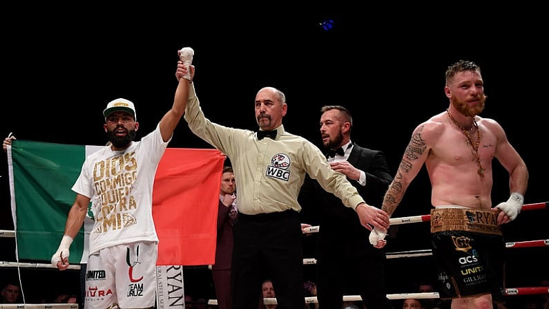 7 December 2018; Christian Uruzquieta is declared victorious following his vacant World Boxing Council International Silver Lightweight Title bout with Ray Moylette at The Royal Theatre in Castlebar, Mayo. Photo by Stephen McCarthy/Sportsfile