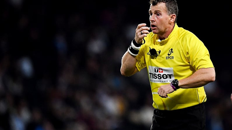 20 October 2018; Referee Nigel Owens during the Heineken Champions Cup Pool 4 Round 2 match between Racing 92 and Ulster at Paris La Defence Arena, in Paris, France. Photo by Brendan Moran/Sportsfile