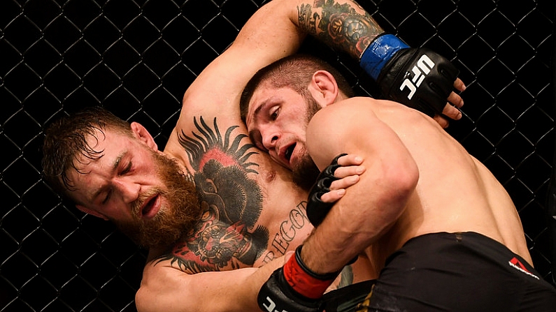 6 October 2018; Conor McGregor, left, and Khabib Nurmagomedov in their UFC lightweight championship fight during UFC 229 at T-Mobile Arena in Las Vegas, Nevada, USA. Photo by Stephen McCarthy/Sportsfile