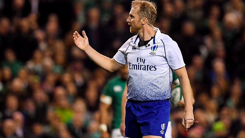 17 November 2018; Referee Wayne Barnes during the Guinness Series International match between Ireland and New Zealand at Aviva Stadium, Dublin. Photo by Brendan Moran/Sportsfile