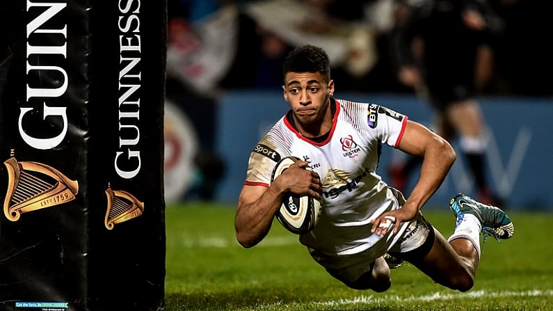 21 December 2018; Robert Baloucoune of Ulster score his side's second try during the Guinness PRO14 Round 11 match between Ulster and Munster at the Kingspan Stadium in Belfast. Photo by Oliver McVeigh/Sportsfile