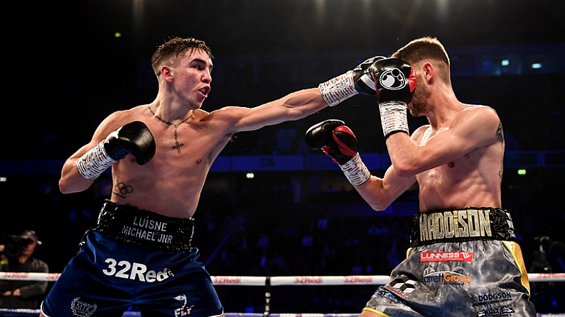 22 December 2018; Michael Conlan, left, in action against Jason Cunningham during their Featherweight bout at the Manchester Arena in Manchester, England. Photo by David Fitzgerald/Sportsfile