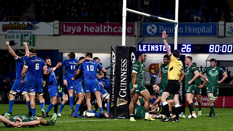 22 December 2018; Andrew Porter, hidden, of Leinster scores his side's fifth try during the Guinness PRO14 Round 11 match between Leinster and Connacht at the RDS Arena in Dublin. Photo by Matt Browne/Sportsfile