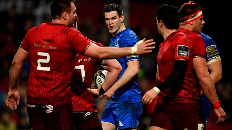 29 December 2018; Jonathan Sexton of Leinster and Joey Carbery of Munster following a tussle between both sets of players during the Guinness PRO14 Round 12 match between Munster and Leinster at Thomond Park in Limerick. Photo by Ramsey Cardy/Sportsfile