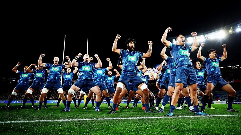 7 June 2017; In this handout image provided by New Zealand Rugby, The Blues perform a pre-match haha, He Toa Takitini, during the match between the Auckland Blues and the British & Irish Lions at Eden Park in Auckland, New Zealand. Photo by Handout/New Zealand Rugby via Sportsfile