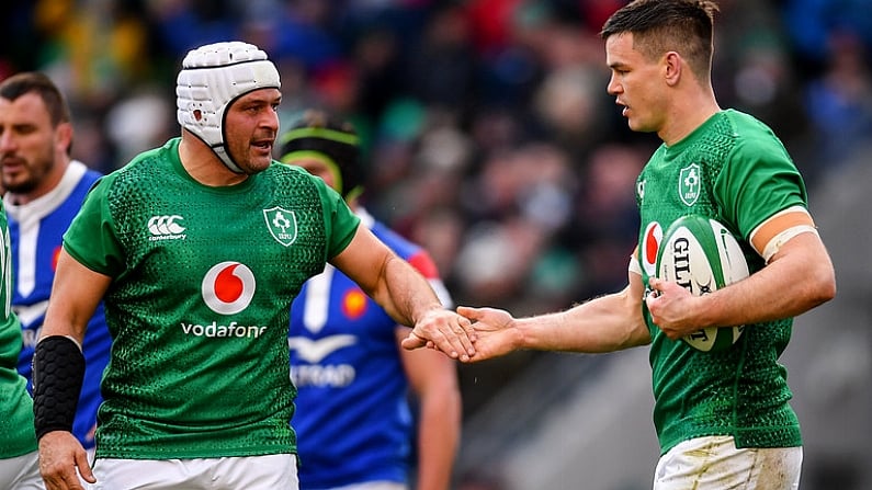 10 March 2019; Jonathan Sexton of Ireland celebrates with team-mate Rory Best,. left, after scoring his side's second try during the Guinness Six Nations Rugby Championship match between Ireland and France at the Aviva Stadium in Dublin. Photo by Ramsey Cardy/Sportsfile