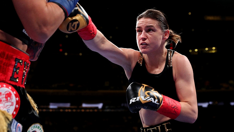 15 December 2018; Katie Taylor in action against Eva Wahlstrom during their WBA & IBF World Lightweight Championship fight at Madison Square Garden in New York, USA. Photo by Ed Mulholland / Matchroom Boxing USA via Sportsfile