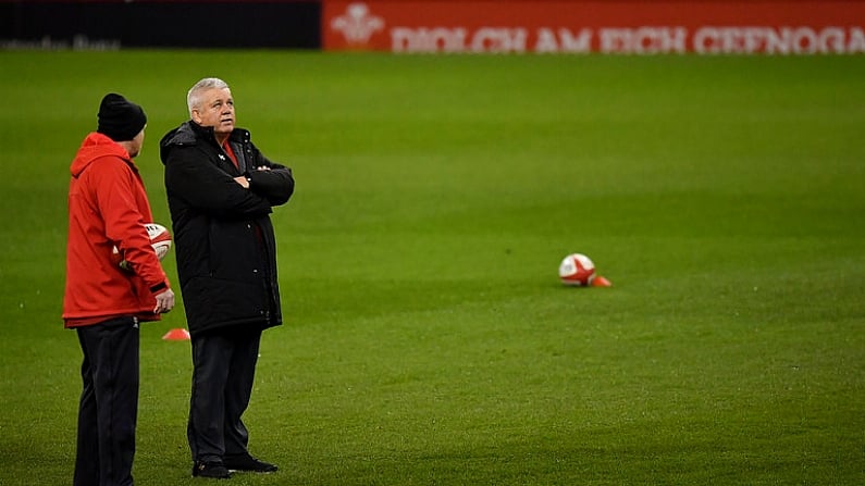 15 March 2019; Head coach Warren Gatland, right, looks towards the roof during the Wales rugby captain's run at the Principality Stadium in Cardiff, Wales. Photo by Brendan Moran/Sportsfile