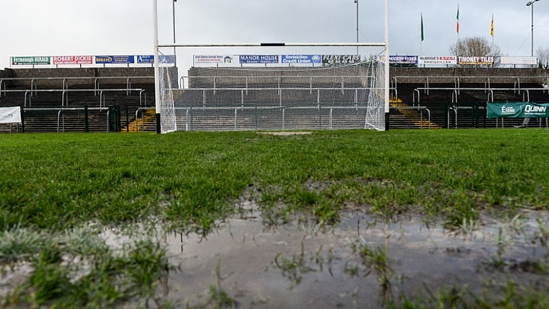 29 March 2017; A general view of the waterlogged pitch which caused the game to be postponed before the EirGrid Ulster GAA Football U21 Championship Semi-Final match between Cavan and Donegal at Brewster Park in Enniskillen, Co. Fermanagh.  Photo by Oliver McVeigh/Sportsfile