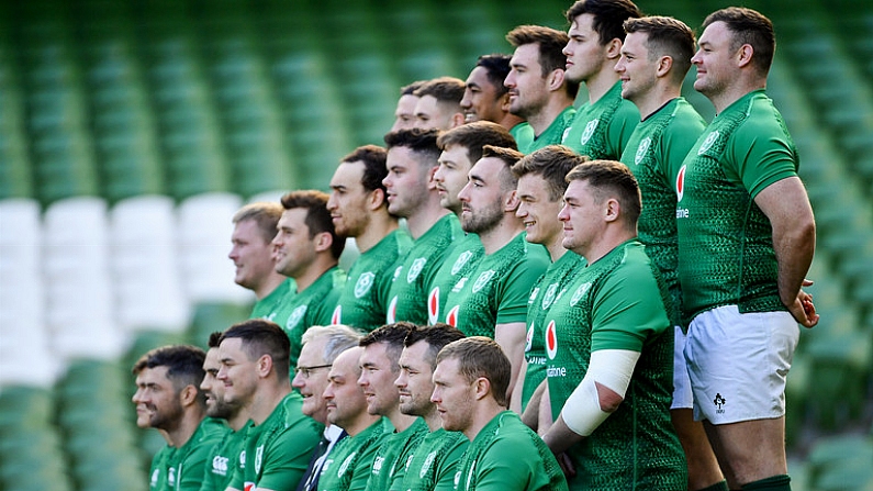 9 March 2019; The Ireland team during the squad photograph during the Ireland Rugby captain's run at the Aviva Stadium in Dublin. Photo by Ramsey Cardy/Sportsfile