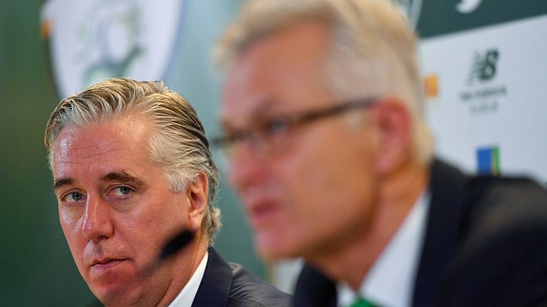 25 November 2018; John Delaney, CEO, Football Association of Ireland, left, with FAI High Performance Director, Ruud Dokter, during a press conference at the Aviva Stadium in Dublin. Photo by Seb Daly/Sportsfile