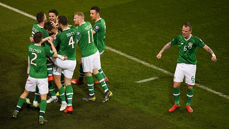 26 March 2019; Republic of Ireland players celebrates after their side's first goal, scored by Conor Hourihane, during the UEFA EURO2020 Group D qualifying match between Republic of Ireland and Georgia at the Aviva Stadium, Lansdowne Road, in Dublin. Photo by Eoin Noonan/Sportsfile