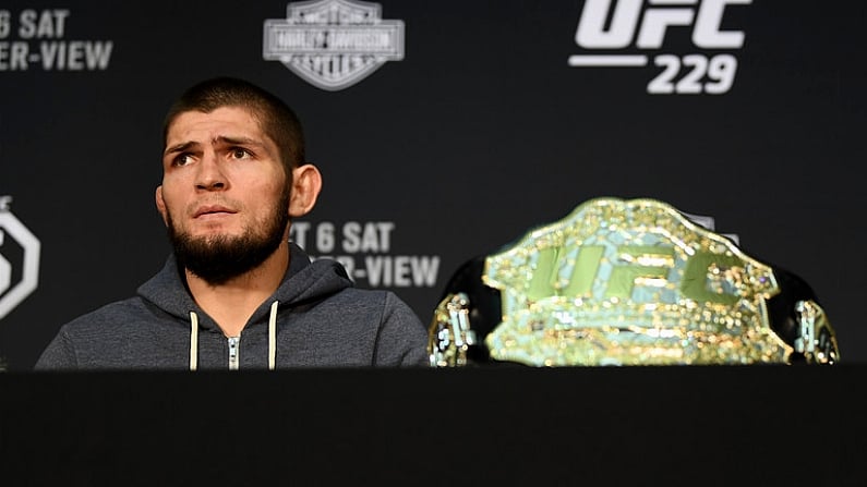 6 October 2018; Khabib Nurmagomedov during the post fight press conference after his victory over Conor McGregor in their UFC lightweight championship fight during UFC 229 at T-Mobile Arena in Las Vegas, Nevada, USA. Photo by Stephen McCarthy/Sportsfile