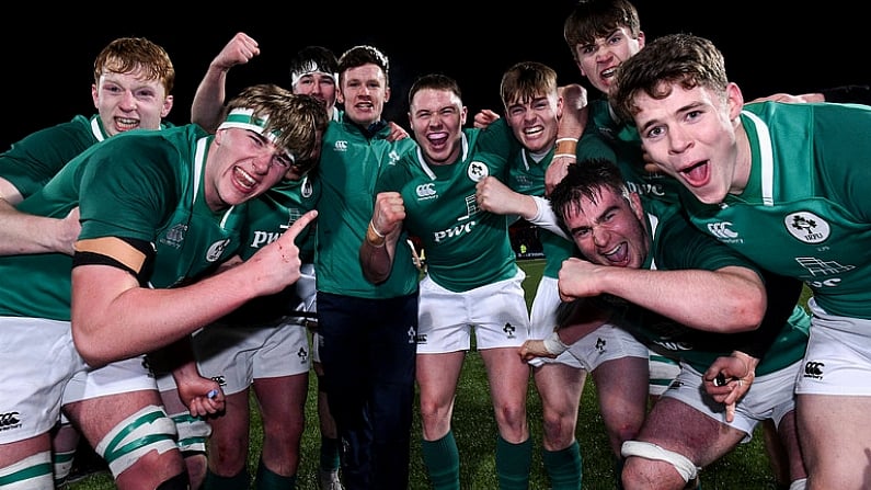 1 February 2019; Ireland players celebrate after the U20 Six Nations Rugby Championship match between Ireland and England at Irish Independent Park in Cork. Photo by Matt Browne/Sportsfile