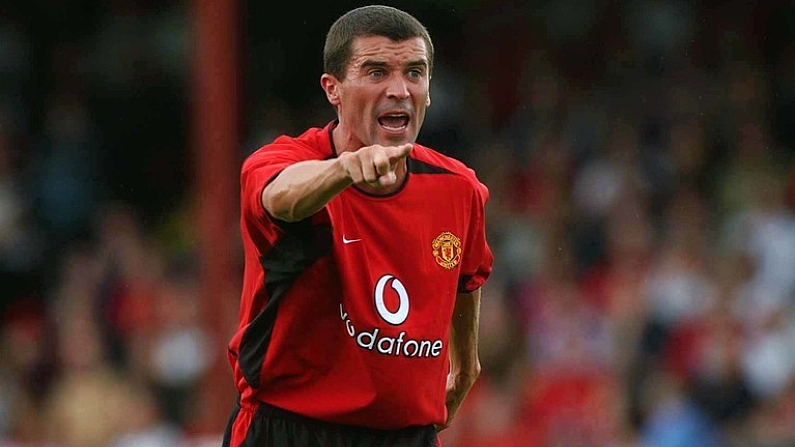 20 July 2002;  Manchester United captain Roy Keane points the way during the game. Shelbourne v Manchester United, Pre-season friendly, Tolka Park, Dublin. Soccer. Picture credit; David Maher / SPORTSFILE *EDI*