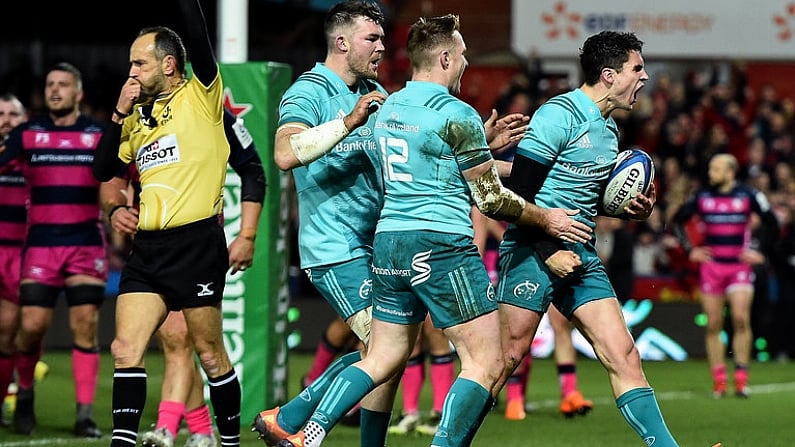 11 January 2019; Joey Carbery of Munster celebrates after scoring his side's first try during the Heineken Champions Cup Pool 2 Round 5 match between Gloucester and Munster at Kingsholm Stadium in Gloucester, England. Photo by Seb Daly/Sportsfile