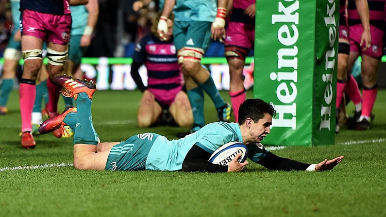 11 January 2019; Joey Carbery of Munster dives over to score his side's first try during the Heineken Champions Cup Pool 2 Round 5 match between Gloucester and Munster at Kingsholm Stadium in Gloucester, England. Photo by Seb Daly/Sportsfile