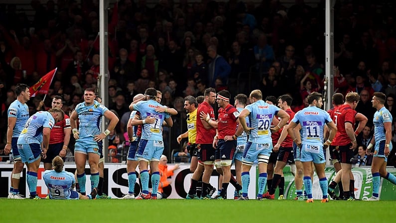 13 October 2018; Munster and Exeter players react at the final whistle of the Heineken Champions Cup Pool 2 Round 1 match between Exeter Chiefs and Munster at Sandy Park in Exeter, England. Photo by Brendan Moran/Sportsfile