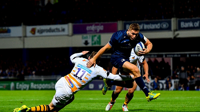 12 October 2018; Jordan Larmour of Leinster beats the tackle by Elliot Daly of Wasps on his way to scoring his side's sixth try during the Heineken Champions Cup Pool 1 Round 1 match between Leinster and Wasps at the RDS Arena in Dublin. Photo by Ramsey Cardy/Sportsfile