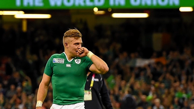 11 October 2015; Ireland's Ian Madigan celebrates after the final whistle. 2015 Rugby World Cup Pool D, Ireland v France. Millennium Stadium, Cardiff, Wales. Picture credit: Brendan Moran / SPORTSFILE