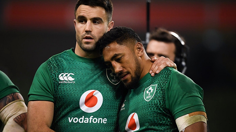 2 February 2019; Conor Murray, left, and Bundee Aki of Ireland following the Guinness Six Nations Rugby Championship match between Ireland and England in the Aviva Stadium in Dublin. Photo by David Fitzgerald/Sportsfile