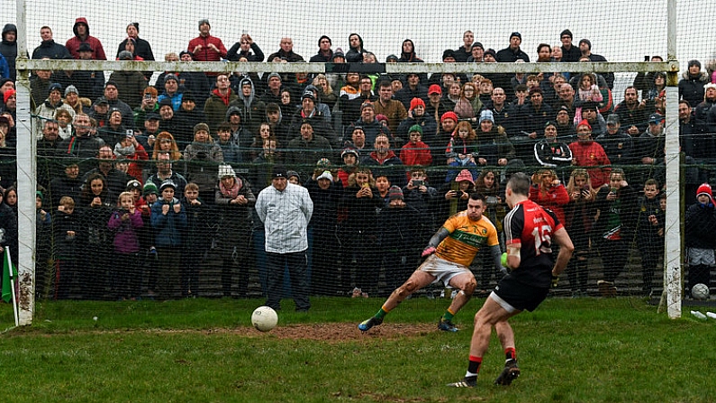 6 January 2019; Leitrim goalkeeper Diarmuid McKiernan watches on as Mayo's Evan Regan scores his side's winning penalty after the Connacht FBD League Preliminary Round match between Leitrim and Mayo ended in a draw at Avantcard Pairc Sean Mac Diarmada in Carrick-on-Shannon, Co Leitrim. Photo by Stephen McCarthy/Sportsfile