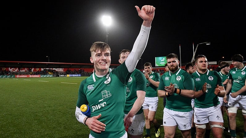 8 March 2019; Jake Flannery of Ireland celebrates after the U20 Six Nations Rugby Championship match between Ireland and France at Irish Independent Park in Cork. Photo by Matt Browne/Sportsfile