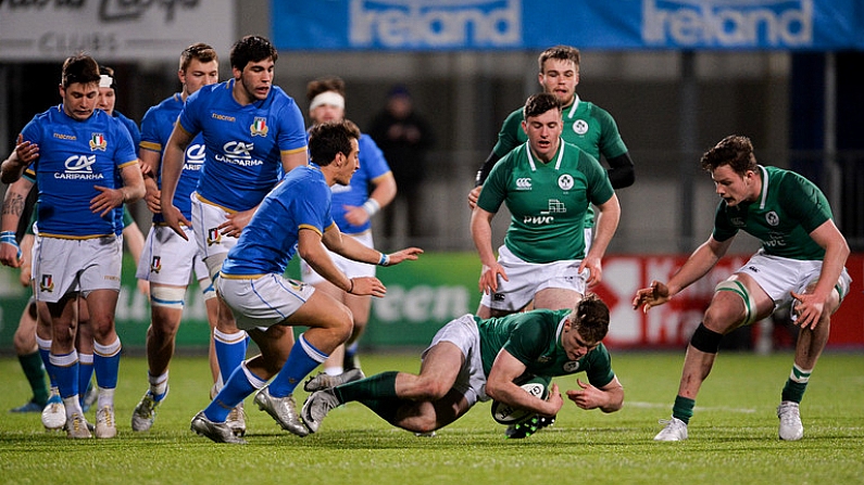 9 February 2018; Peter Sullivan of Ireland in action against Tommaso Coppo of Italy, left, during the U20 Six Nations Rugby Championship match between Ireland and Italy at Donnybrook Stadium, in Dublin. Photo by Piaras O Midheach/Sportsfile